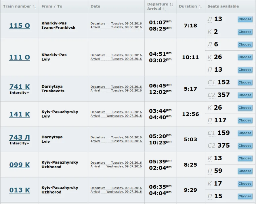 list of available train ticket