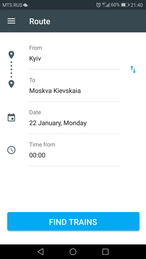 Select the train stations and the date you want to travel